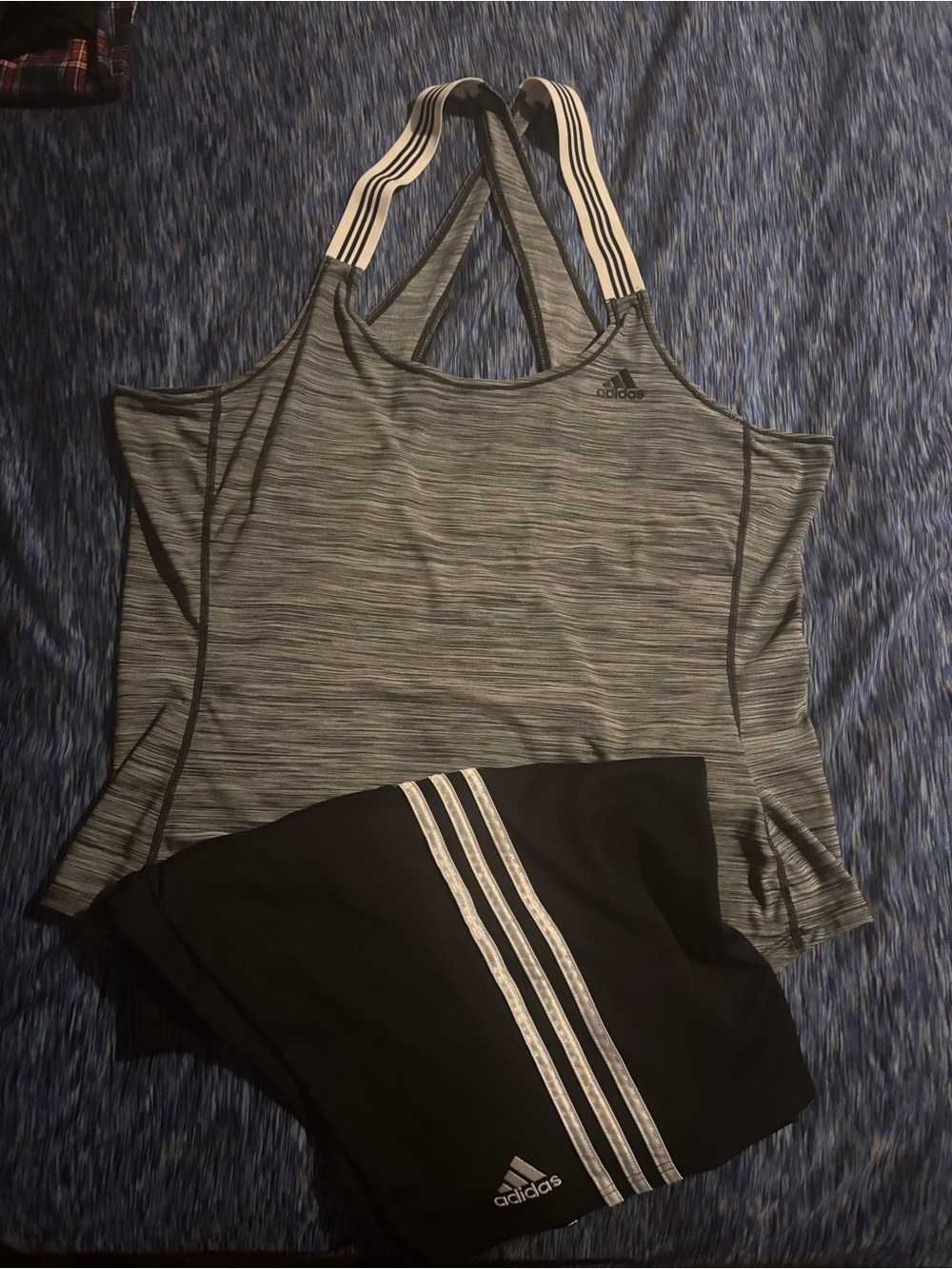 adidas black n white racerback shirt with open teardrop back,matching shorts.
